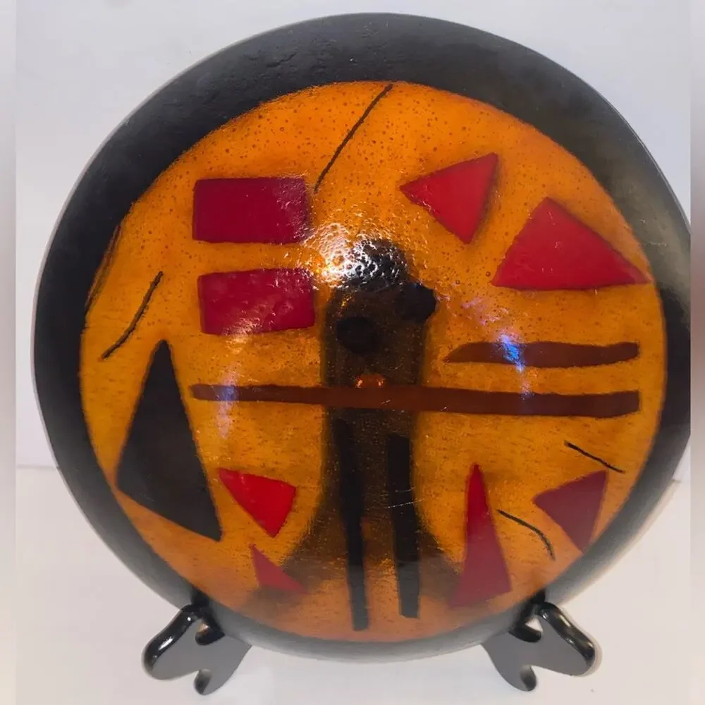 Fused Glass 10” Bowl Gold Red Blk Rim Geometric MCM no chips or cracks